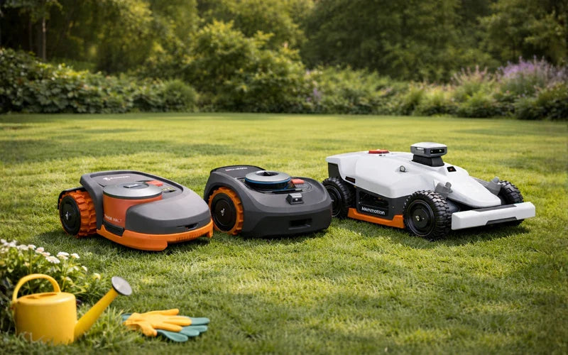 robot tondeuse sans câble 4 roues motrices sur pelouse avec navigation GPS et intelligence artificielle Image