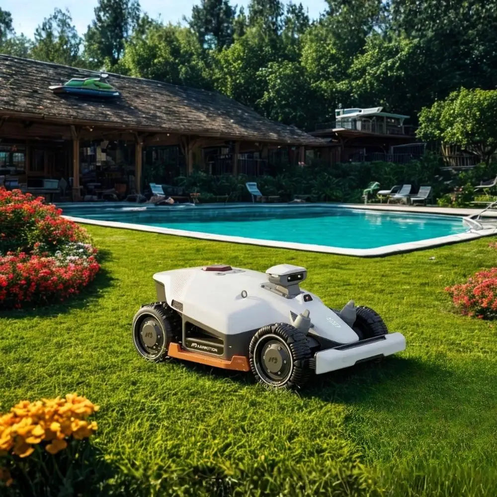 Robot tondeuse Mammotion LUBA 2X AWD en action près d'une piscine