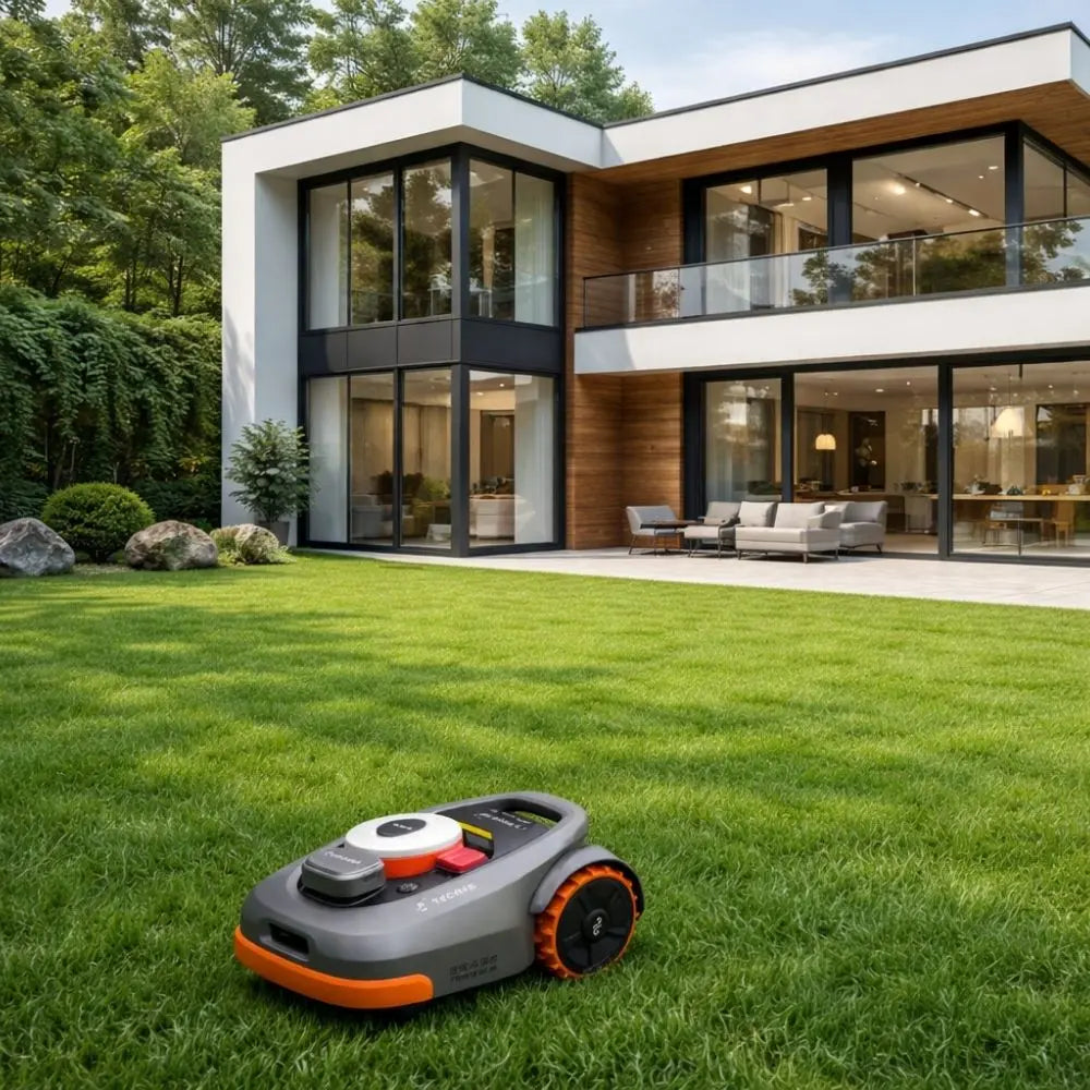 Robot tondeuse Segway Navimow H en tonte devant une maison sur pelouse