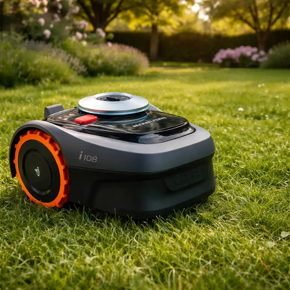 Robot tondeuse Segway Navimow i108E en tonte trois quarts avant sur pelouse